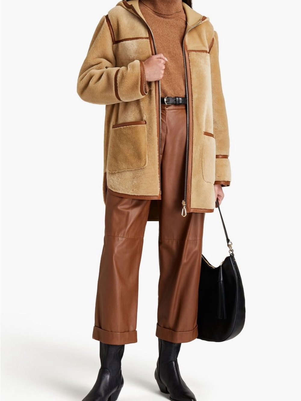 Shearling-Trim Hooded Coat in Camel